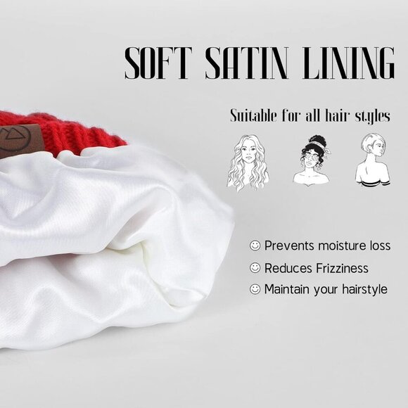 Women Satin Lined Winter Beanie Hats Cozy Slouchy Knit Cuffed Gift - Picture 2 of 7